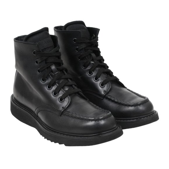 Prada Mens Combat Half Boots US8.5 UK7.5 Black Leather Square Toe Lace Up - Picture 1 of 11